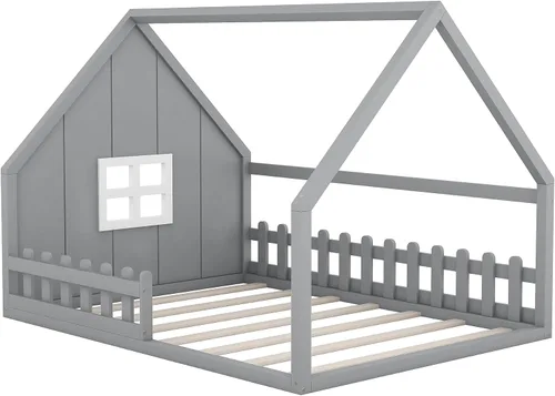 Miniatura 8 de MERITLINE Cama de casa para niños, cama Montessori tamaño matrimonial, marco de madera con rieles y ventana, no necesita somier, para niños, Gris