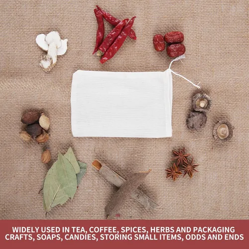 Miniatura 5 de YICHEN 50 bolsas de especias vacías para cocinar sopa, bolsas de filtro de té pequeñas blancas con cordón, material de algodón, bolsas de muselina