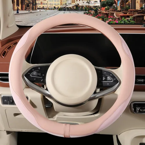 Miniatura 2 de Funda de cuero de napa rosa para volante, de cuero de microfibra avanzada, tela antideslizante y transpirable, cálida en invierno y fresca