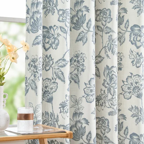 JINCHAN Cortinas florales de aspecto de arpillera, cortinas de lino falso con patrón de flores azules, cortinas filtradoras de luz para sala de
