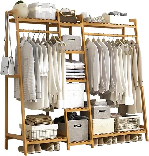 Perchero de bambú para ropa, estante de almacenamiento, perchero para colgar ropa, organizador de armario con zapatero, armario portátil para Natural