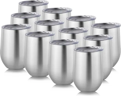 Miniatura 50 de DOMICARE - Juego de 8 vasos de vino de 12 onzas con tapa, hechos de acero inoxidable con aislamiento al vacío de doble pared, color celeste Azul