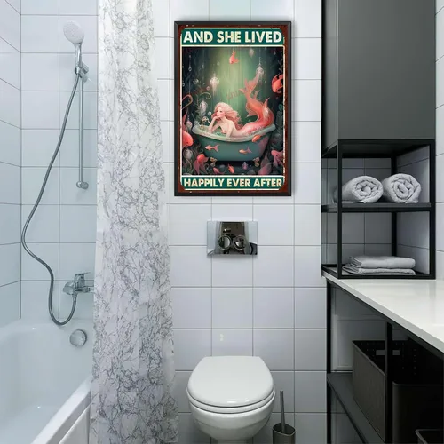Miniatura 5 de LIUAXICIA Letrero de lata retro con diseño de sirena y ella vivió feliz para siempre, para decoración del hogar, 8 x 12 pulgadas, pintura de lata
