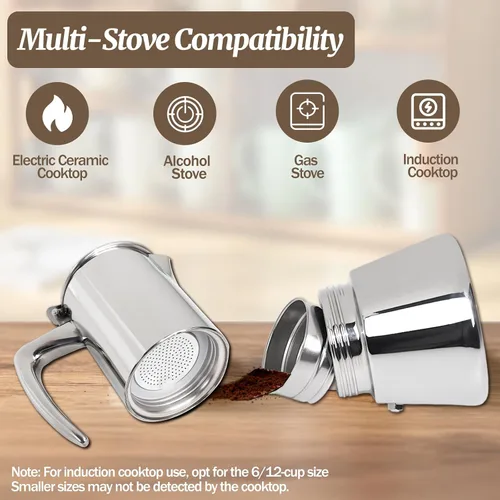 Miniatura 4 de Olla de café espresso italiano de acero inoxidable 304 de 2 tazas de 3.5 onzas líquidas, cafetera para estufa, cafetera de moca, para estufa