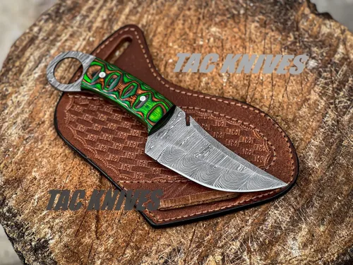 Miniatura 14 de TAC Knives - Cuchillo de supervivencia Bushcraft 12T27 de acero de Damasco con hoja fija para exteriores - Mango de madera Pakka - Funda de cuero
