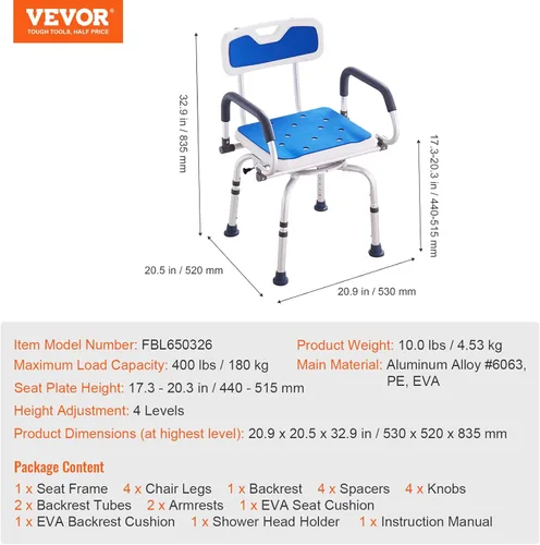 Miniatura 7 de VEVOR Silla de ducha giratoria de 360 grados, asiento de ducha ajustable con brazos giratorios para duchas o bañeras interiores, silla de ducha