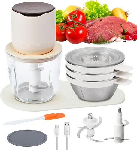 Miniatura 10 de Mini procesador de alimentos inalámbrico con múltiples 3 cuencos (13.5 fl oz+8.5 fl oz+3.4 fl oz) y 6+3+2 cuchillas, picadora de ajo, picadora