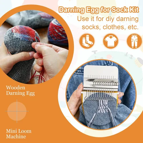 Miniatura 6 de Jexine Mini Huevo de Zurcir para Calcetines 14 Ganchos Pequeño Estilo Speedweve Telar de Tejido de Zurcido con 9 Pcs Agujas de Ojo Grande 50