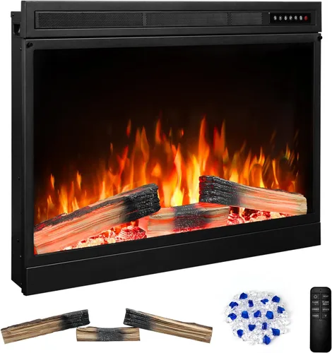 Miniatura 10 de Inserto de chimenea eléctrica de 34 pulgadas, llama intercambiable ajustable y colores de troncos, velocidad y brillo de llama variables, control