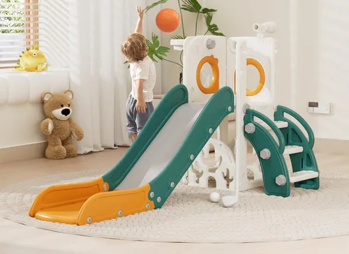 Miniatura 8 de KORIMEFA Tobogán infantil 7 en 1, tobogán infantil para bebés de 1 a 3 años, para interiores y exteriores, con aro de baloncesto y juego de golf