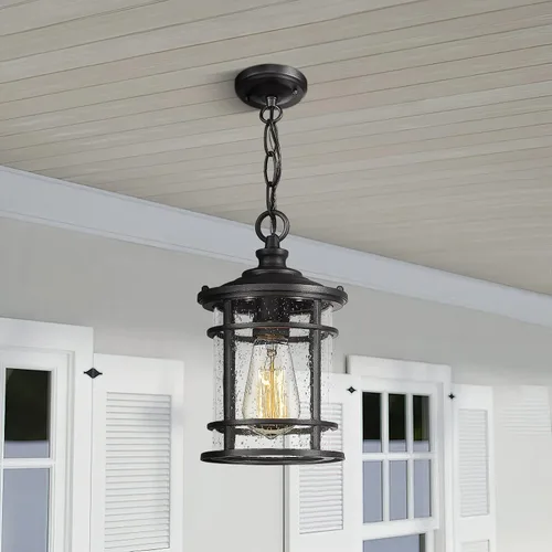 Miniatura 4 de Emliviar Lámpara colgante moderna para exteriores - Luz colgante para porche con pantalla de vidrio semillado en acabado negro, XE229H-S BK