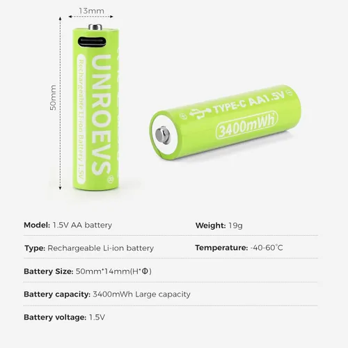 Miniatura 5 de UNROEVS Baterías AA de litio recargables USB, 3400 mWh 1.5 V recargable doble A con cable USB-C 2 en 1, carga rápida de 2 horas, más de 1200 ciclos.