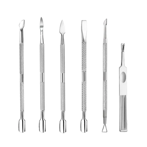 Juego de 6 empujadores de cutículas, kit de removedor de cutículas de acero inoxidable, cortador y recortador, herramientas de manicura y pedicura