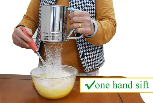 Miniatura 2 de Tamiz de harina de acero inoxidable de 3 tazas, tamiz para hornear con mango de silicona compatible (rojo)