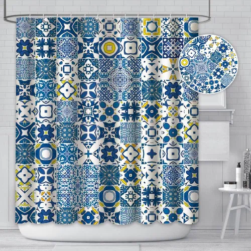 Miniatura 2 de MEHOFOND Cortina de ducha con azulejos azules y amarillos, textura retro moderna, mosaico marroquí, cortina de ducha mediterránea portuguesa