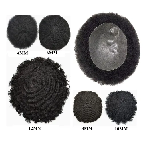 Miniatura 9 de Unidades de cabello afro para hombre, tupé, meave, afro tupé para hombre, sistema de reemplazo de cabello humano rizado, postizo de 0.787 in, 1#