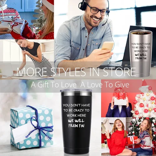 Miniatura 7 de momocici Vaso de 20 onzas con texto en inglés «You Dont Have To Be Crazy To Work Here». Divertidos regalos de oficina para empleados, jefes