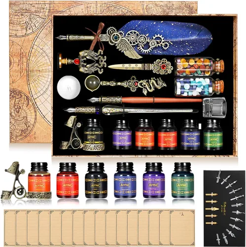 Juego de pluma estilográfica y tinta, con pluma estilográfica, pluma de madera, pluma de vidrio, 6 botellas de tinta, papel de 16 letras, 2 sobres,