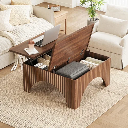 Miniatura 10 de Mesa auxiliar ovalada de 43.3 pulgadas, mesa de centro acanalada con compartimento de almacenamiento oculto, mesa de comedor moderna de mediados