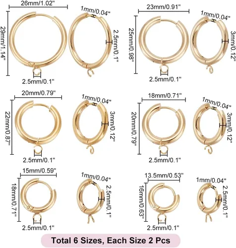 Miniatura 3 de UNICRAFTALE 12 aretes de aro de acero inoxidable 201 dorados de 6 tamaños con bucles horizontales, chapados en oro de 24 quilates, accesorios de aro