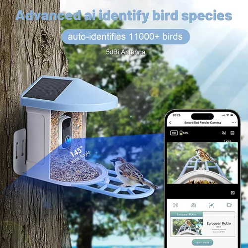 Miniatura 4 de Alimentador de ardillas con cámara alimentado por energía solar, cámara alimentadora de pájaros con IA para identificar especies de aves, casa