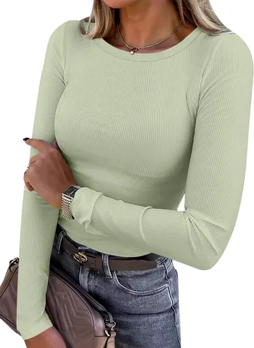 Miniatura 37 de ANRABESS - Camisetas de manga larga para mujer, de punto acanalado, ajustadas, básicas, 2025, informales, para usar a capas o debajo del uniforme