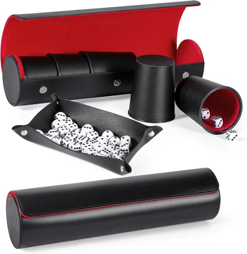Miniatura 14 de Juego de tazas de cuero para dados, 5 tazas de dados negros + 25 dados + funda exclusiva de almacenamiento y transporte hecha de piel sintética