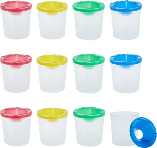 Juvale Paquete de 12 vasos de pintura antiderrames con tapas para niños, suministros de arte y manualidades para aulas (4 colores, 3 x 3 pulgadas) -