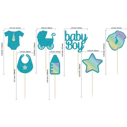 Miniatura 2 de Gyufise 28 piezas de decoración para cupcakes para baby shower de niño, estrella con purpurina azul, con estampado de pezón para bebé, niño, Oro