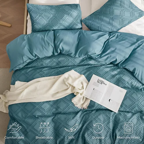 Miniatura 3 de JELLYMONI - Juego de funda de edredón azul grisáceo, tamaño king, de microfibra, estilo capitoné, texturizado, bohemio, patrón geométrico de rombos