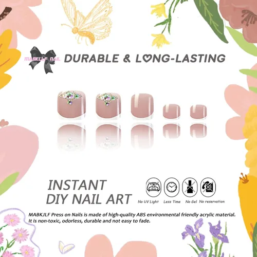 Miniatura 2 de Uñas postizas cuadradas a presión, uñas cortas MABKJLF blancas francesas de los pies, uñas postizas de verano brillantes con diamantes de imitación