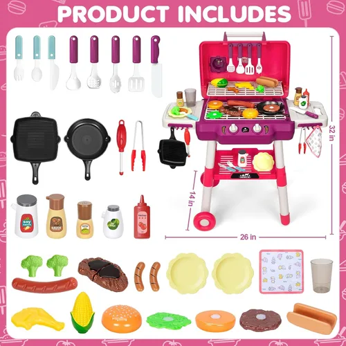 Miniatura 7 de Juguetes de Cocina para Niños, Set de Parrilla BBQ para Jugar con Sonido de Humo y Luz, Juguete de Barbacoa de 2 Capas con Ruedas, Set de Juguetes