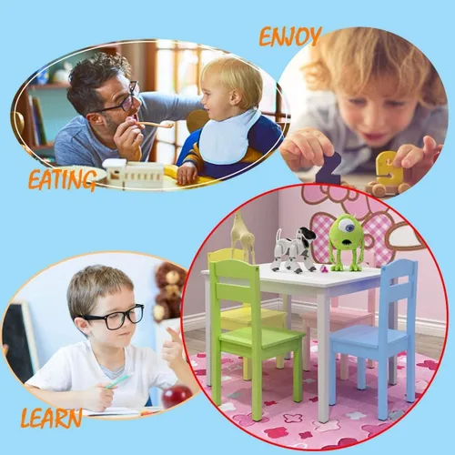 Miniatura 3 de LDAILY Moccha - Juego de sillas de mesa de madera para niños, mesa colorida y 4 sillas con respaldo, mesa de comedor para niños, juego de sillas
