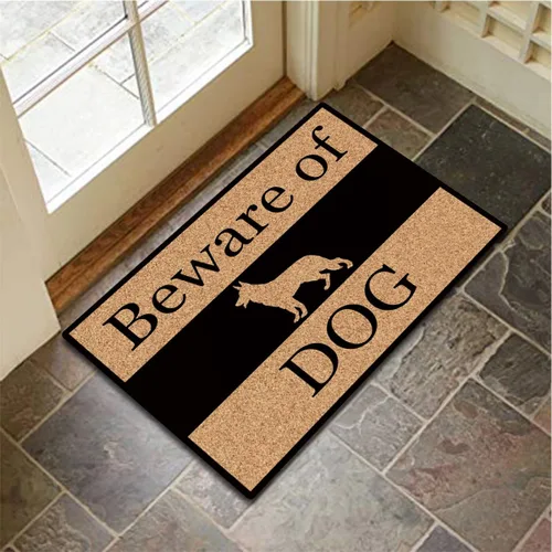 Miniatura 2 de Divertidas alfombrillas de bienvenida con diseño de perro «Beware of Dog» para decoración del hogar, alfombra de tela no tejida con parte trasera