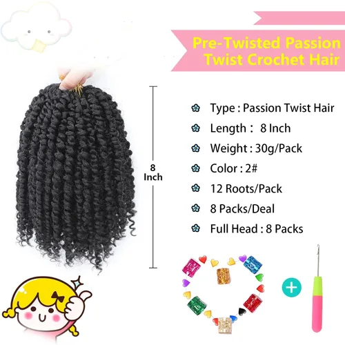 Miniatura 3 de Fulcrum Cabello Passion Twist de 8 pulgadas, 8 paquetes de cabello de ganchillo Passion Twist para mujeres negras, cabello de ganchillo con bucles