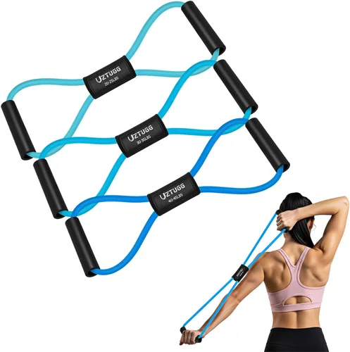Miniatura 9 de Figura 8 bandas de resistencia para brazo, espalda, bandas de ejercicio pesado de látex de 3 niveles con asas para entrenamiento de fuerza