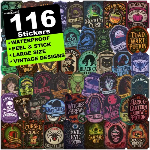 PARTH IMPEX Etiquetas para botellas de boticario – 116 piezas vintage de botellas de poción de Halloween, calcomanías de veneno espeluznantes para