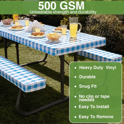 Miniatura 2 de Funda de mesa de picnic con fundas de banco, 500 GSM, reutilizable, de vinilo resistente, para exteriores, mantel de picnic impermeable con funda