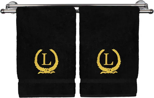 Miniatura 172 de Toalla de mano con monograma, regalo personalizado, 16 x 30 pulgadas, diseño de corona dorada bordada con letra blanca en toalla negra, extra