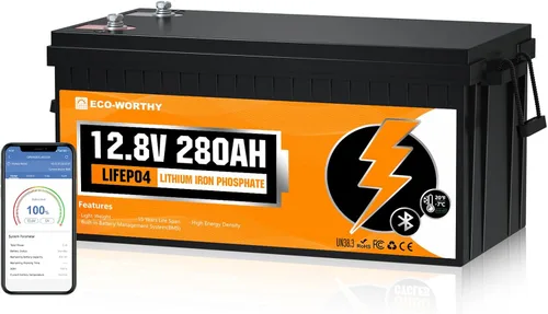 ECO-WORTHY Batería LiFePO4 de 3584 Wh, 12 V, 280 Ah con Bluetooth y corte de baja temperatura, BMS integrado de 200 A, ciclo profundo para cámper,