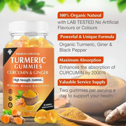 Miniatura 2 de Gominolas de Cúrcuma y Curcumina (1 Paquete) - Suplementos de Cúrcuma y Curcumina con Jengibre y Pimienta Negra para el Apoyo al Sistema
