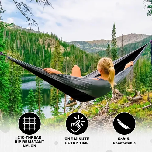 Miniatura 4 de SZHLUX Hamaca de camping doble y simple portátil con 2 correas para árboles y bolsa de transporte adjunta, ideal para exteriores, interiores, playa