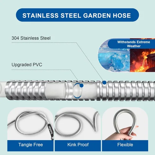 Miniatura 2 de Manguera de jardín de metal de 25 pies, manguera de jardín flexible de acero inoxidable ligera, manguera de agua resistente con boquilla de alta