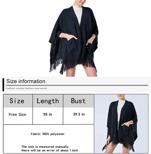Miniatura 7 de Bonnorth Chal caliente para mujer, abierto Fornt Boho tejer rayas Pashmina Poncho con borla