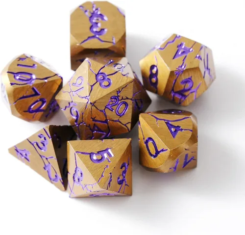 Miniatura 6 de Dados de metal para DND – Ruinas de faraón oro oscuro con grietas moradas – Juego de dados poliédricos para D&D, RPG y más – Bellamente detallados