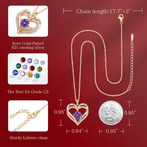Miniatura 6 de LOUISA SECRET Heart Birthstone Necklaces for Women, 925 Sterling Silver Women Pendant Necklace, Birthday Anniversary Valentine's Day Jewelry Gift