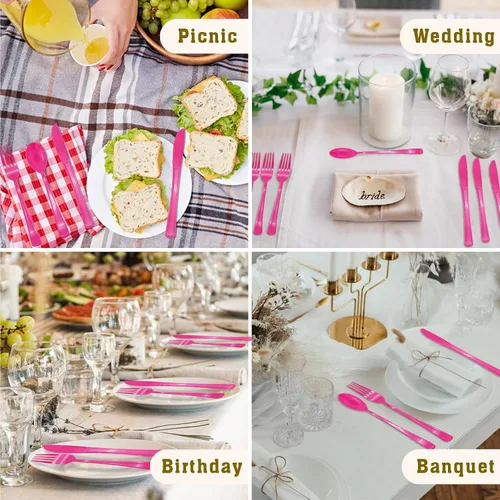 Miniatura 7 de 150 piezas de cubiertos de plástico rosa intenso y utensilios de plástico rosa intenso resistentes - 50 tenedores, 50 cuchillos, 50 cucharas