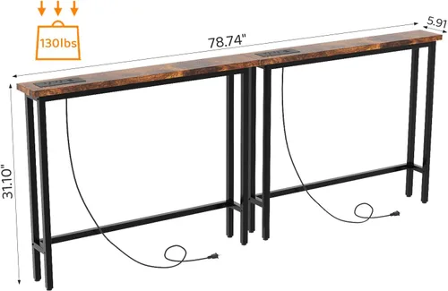 Miniatura 3 de VINGLI Mesa consola de 79 pulgadas con toma de corriente, mesa de sofá estrecha de 5.9 pulgadas, juego de 2, mesa de entrada con estación de carga