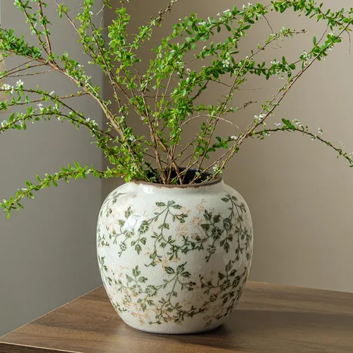 Miniatura 20 de Jarrón de cerámica verde y blanco con asa, florero rústico para decoración de hogar estilo “chinoiserie”, “grandmillenial” y toscano, jarrón
