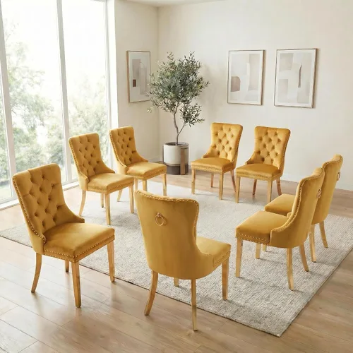 Miniatura 45 de Juego de 6 sillas de comedor de terciopelo, sillas tapizadas con respaldo alto capitoné con ribete de cabeza de clavo y anillo de tracción, patas